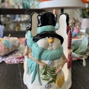 Vintage handmade snowman ceramic candle holder